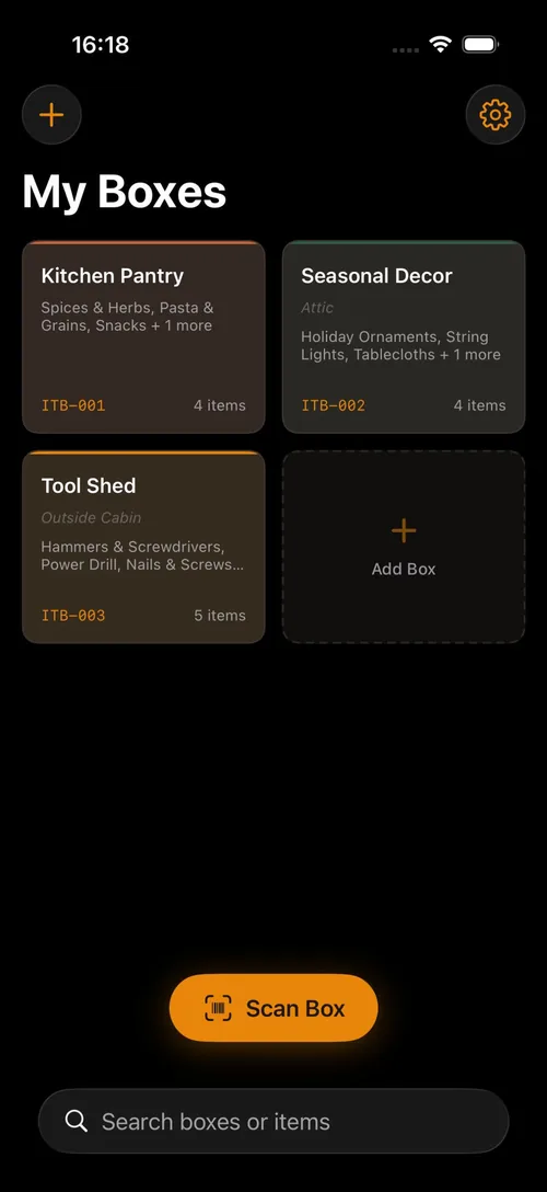 Peek's My Boxes screen: labeled boxes with their contents listed, and a scan button